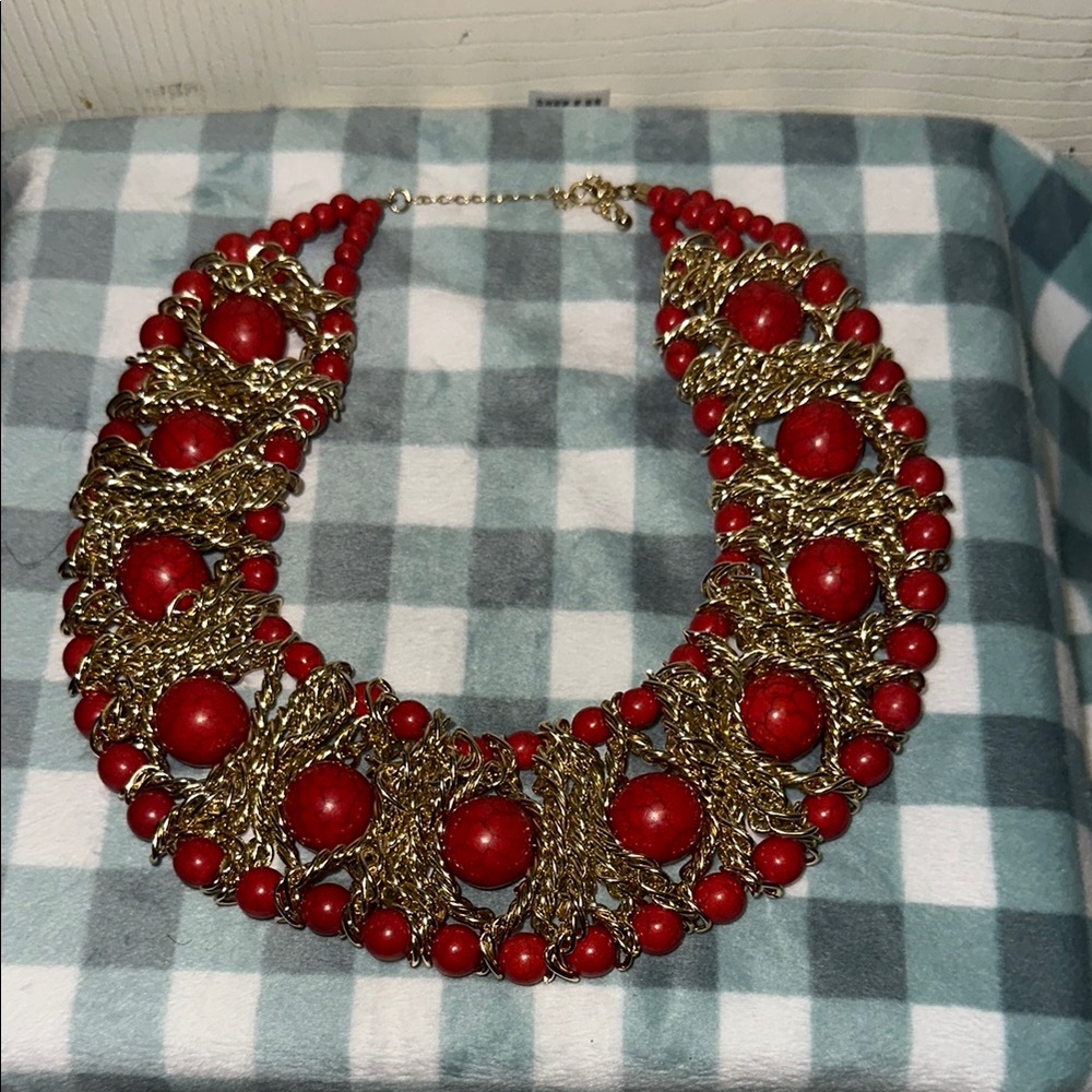 Ornate Red and Gold Crescent Necklace with Filigree